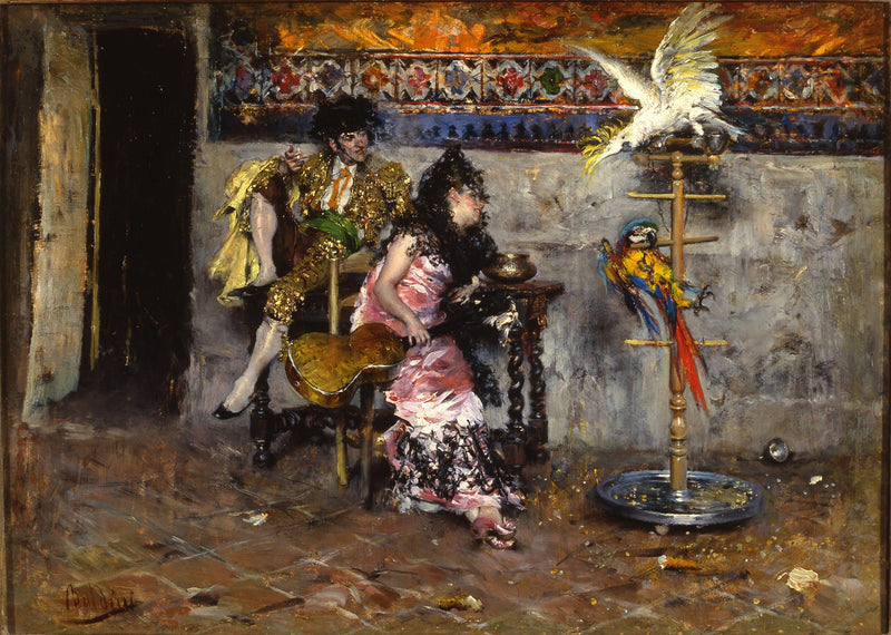 The Matador or Couple in Spanish costume with two parrots - Giovanni Boldini