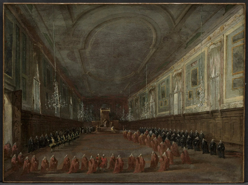 Pope Pius VI descending from the throne to take leave of the doge in the Hall of Saints John and Paul, 1782 - Francesco Guardi