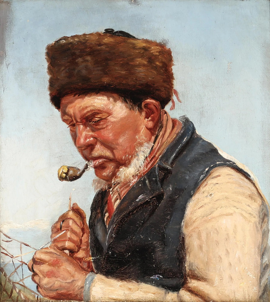 Fisherman Niels Gaihede repairs a fishing net. - Michael Peter Ancher