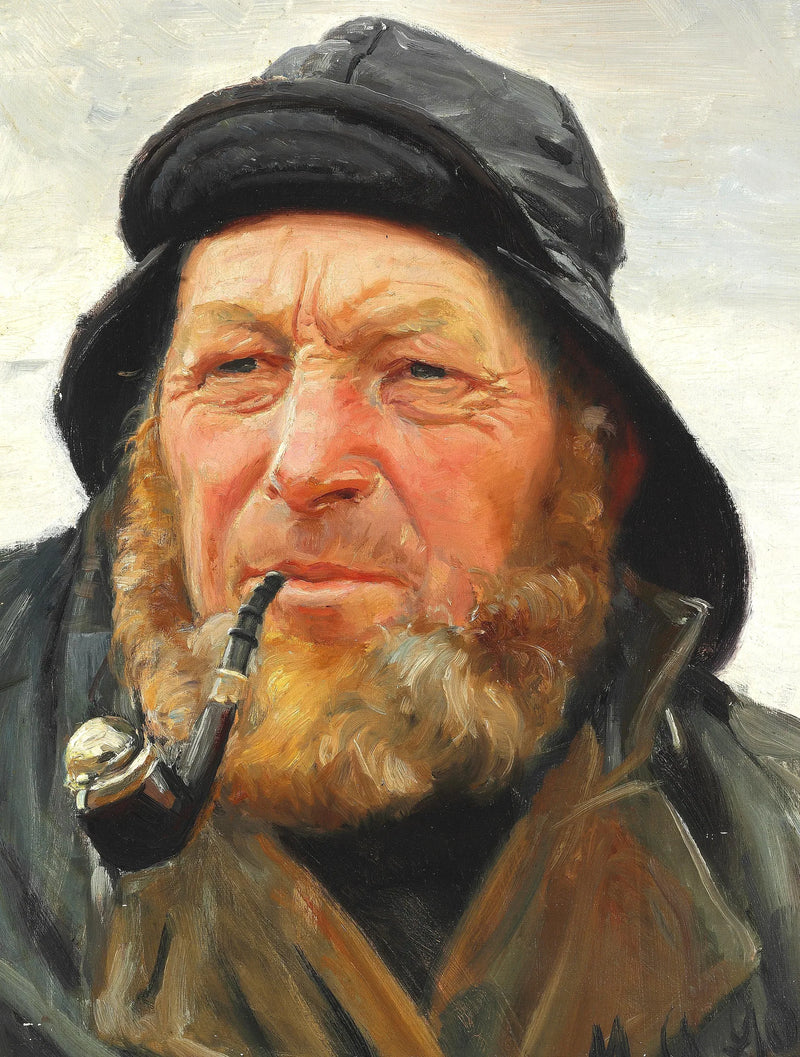 Ole Svendsen, a fisherman from Skagen, wearing a oilskin and smoking a pipe. - Michael Peter Ancher