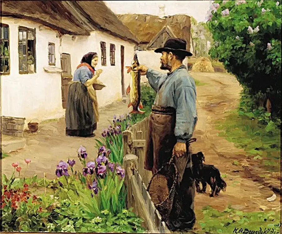 "The Fisherman". A fisherman offers a large fresh pike to an old woman. - H. A. Brendekilde