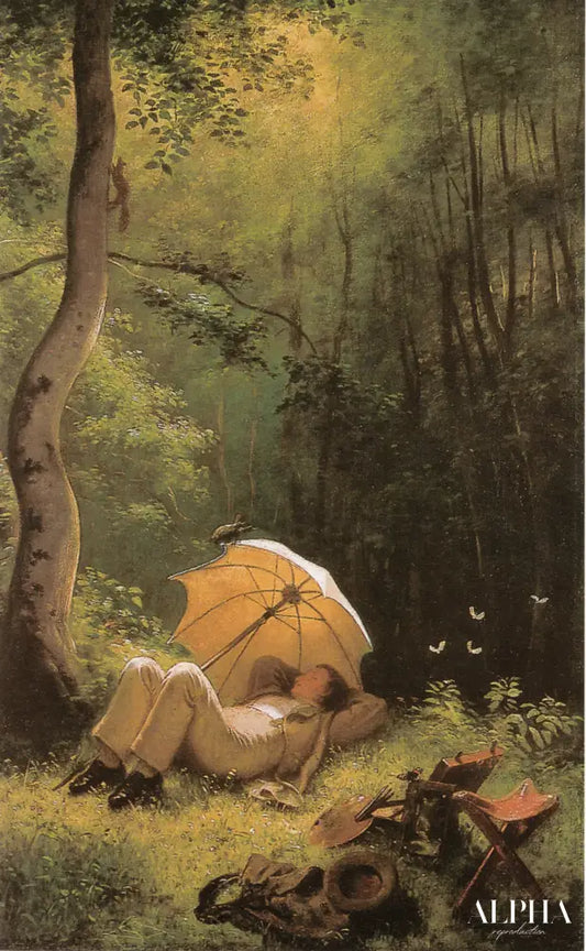 Le Peintre dans une clairière allongé sous un parasol - Carl Spitzweg - Reproductions de tableaux et peintures haut de gamme