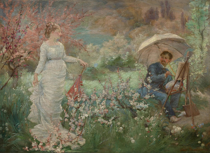 The painter and his model in a flowering garden - Marie Bracquemond