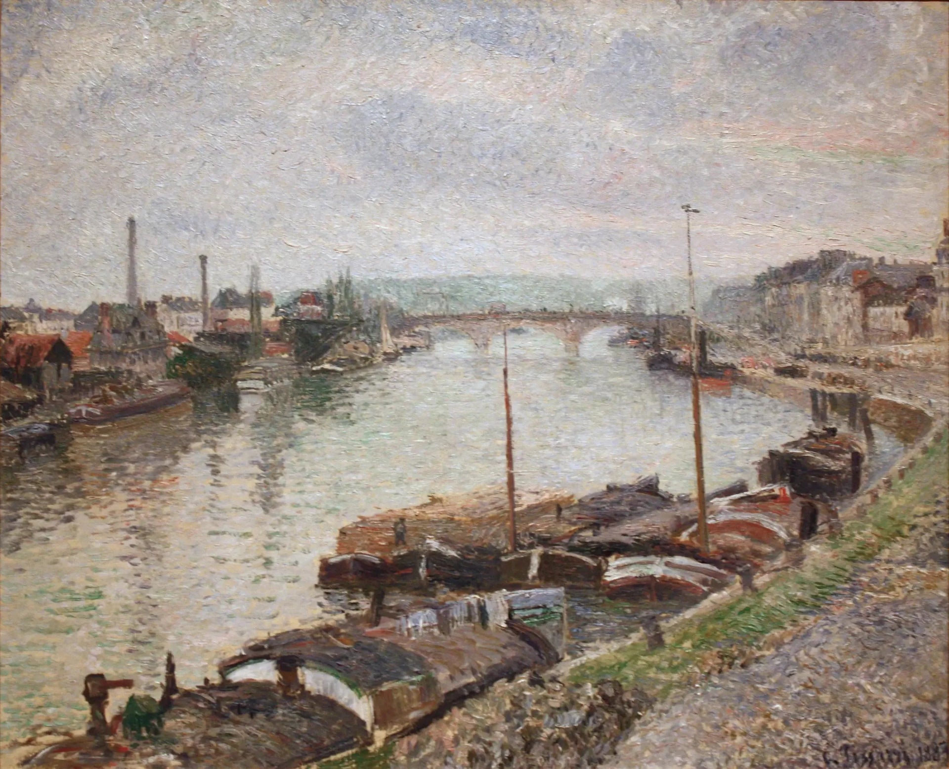 Le pont de pierre et les péniches à Rouen - Camille Pissarro image 1 copie de tableau peinte à la main