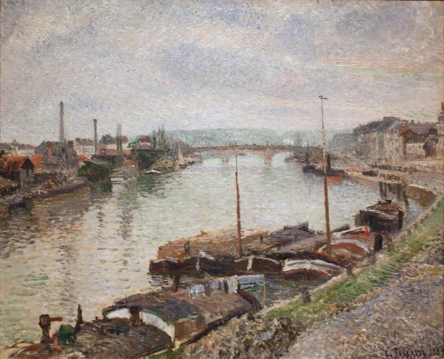 The Stone Bridge and the Barges in Rouen - Camille Pissarro