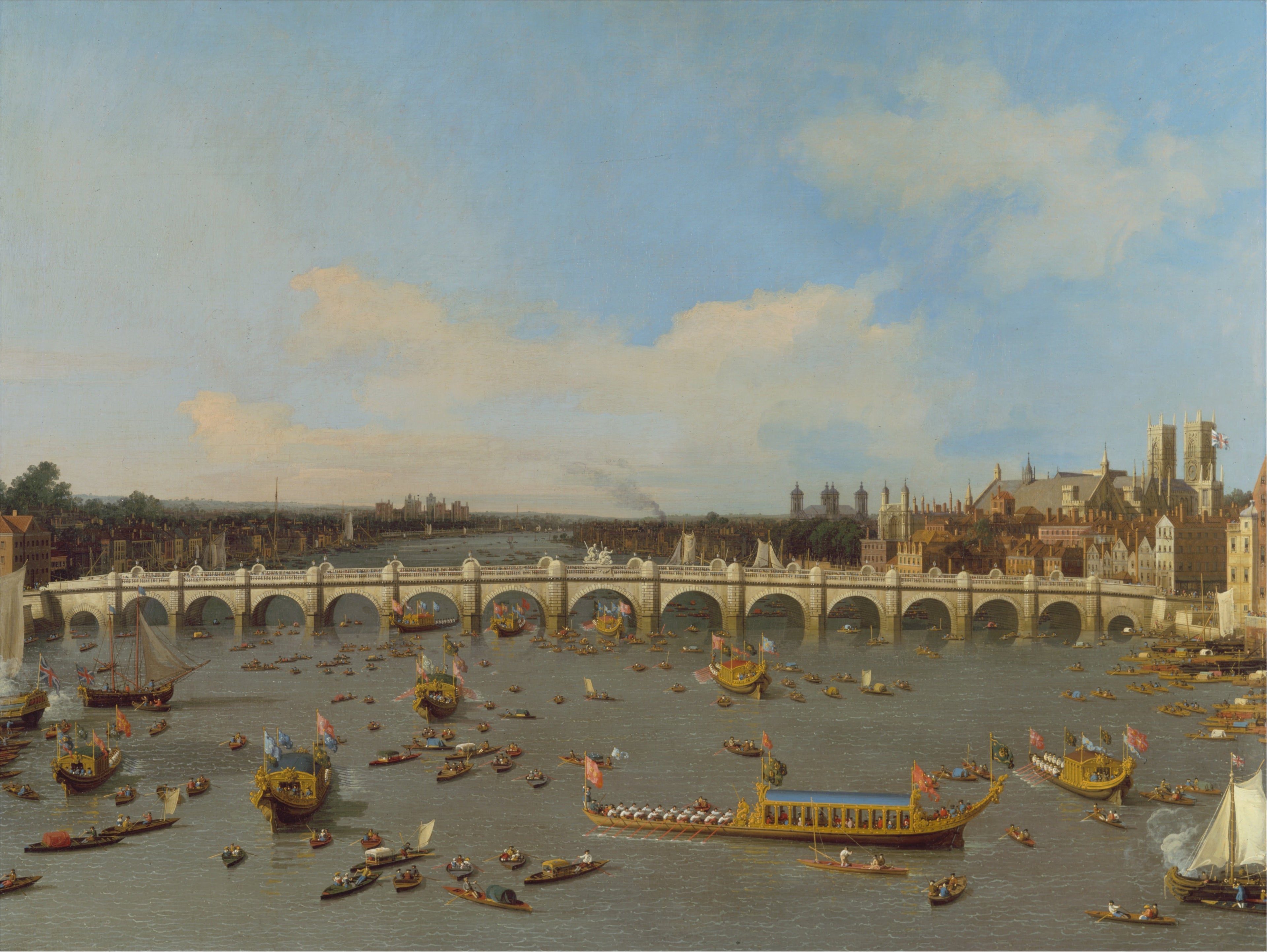 Westminster Bridge, with the Lord Mayor's procession on the Thames - Canaletto