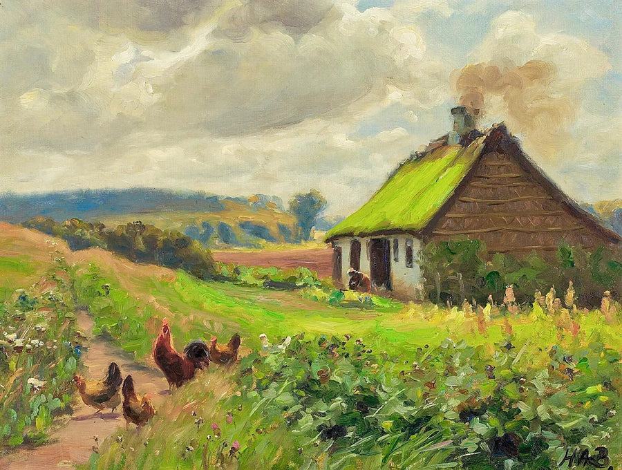 Spring with a house, a woman, and chickens. - H. A. Brendekilde