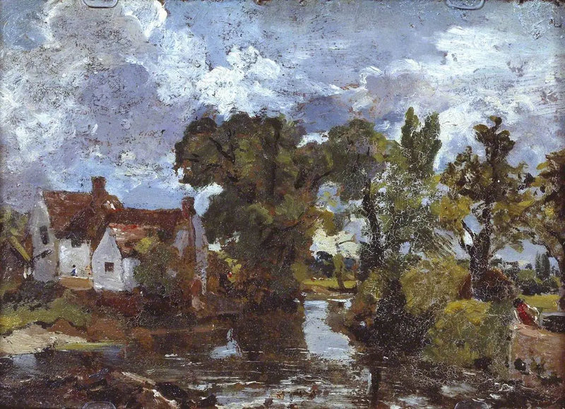 The mill stream. Verso: Night scene with bridge - John Constable