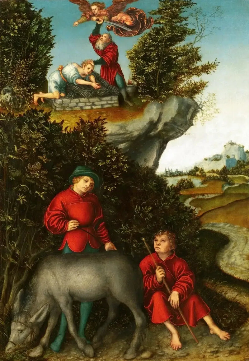 The Sacrifice of Abraham: An angel prevents Abraham from sacrificing Isaac; the servants wait at the foot of the mountain (Genesis 22:10-12) - Lucas Cranach the Elder
