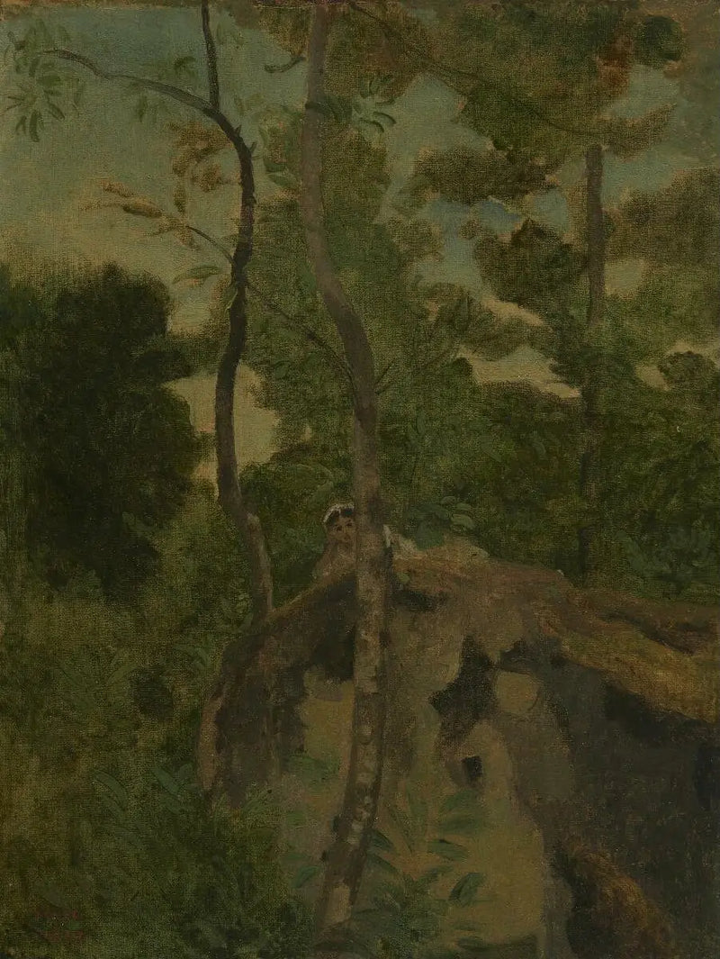 Les Alinges. Young girl lying on a rock under the trees - Jean-Baptiste Camille Corot