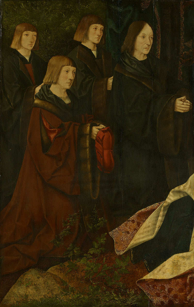 The donors Korsgen Elbertzen and his sons Dirck and Albert are on the left, with the donors on the right. - Jacob Cornelisz van Oostsanen