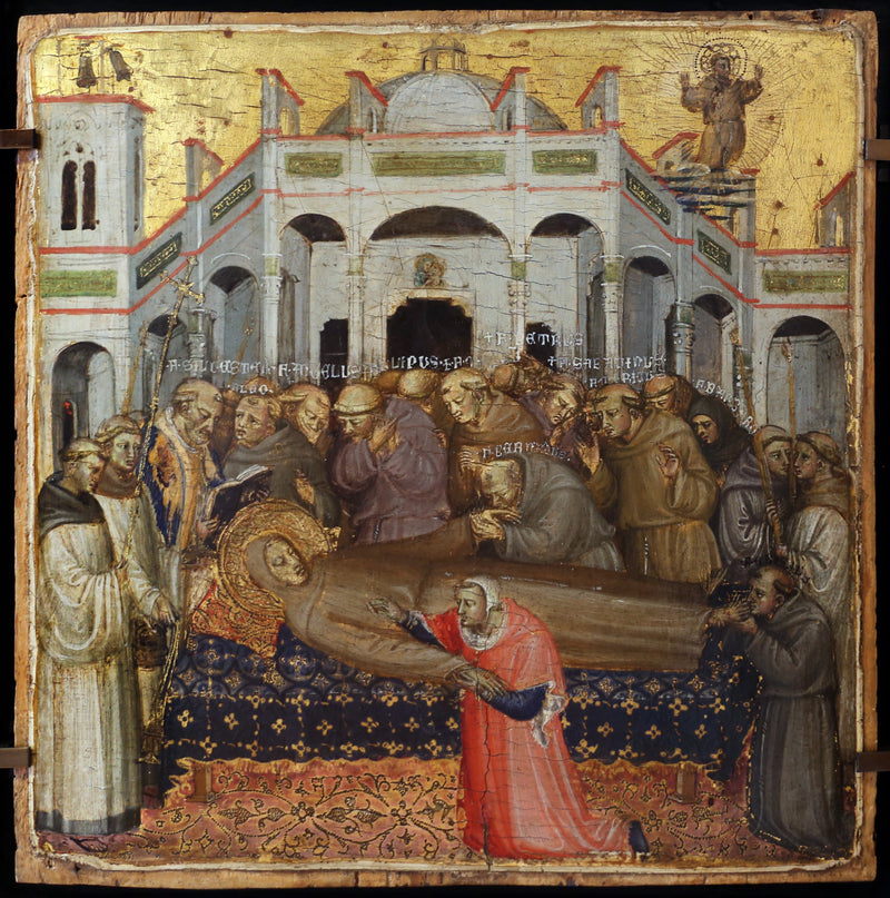 The Funérailles de Saint François: Verification des stigmates en présence des premiers frères franciscains, Sylvestre, Angélus, Léon, Philippe, Pierre, Bernard, Sabatinus, Barbaro, Gilles, Masseus, Maurice. - Bicci di Lorenzo