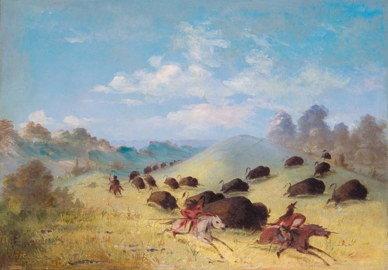 Comanche Indians hunting bison with spears and bows - George Catlin