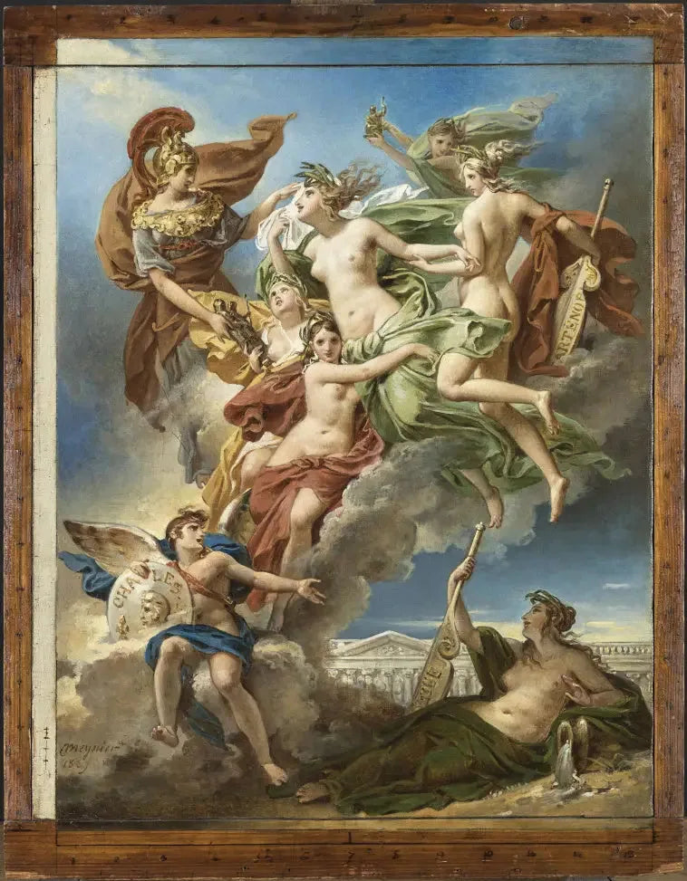 The Nymphs of Parthénope, important far from their shores the Penates, images of their gods, are led by the goddess of the fine arts on the banks of the Seine - Charles Meynier