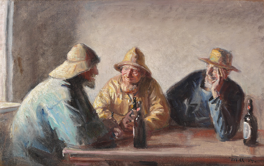 Fishermen Andreas Carlsen, Ole Malmer, and Thomas Peter Larsen enjoy a beer after work. - Michael Peter Ancher