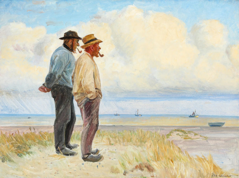 Skagen fishermen Rasmus Bergen Sørensen and Bøj Andersen standing on the beach. -Michael Peter Ancher