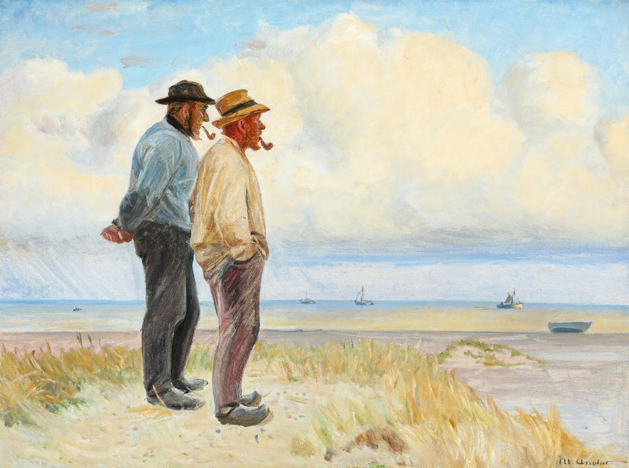 Skagen fishermen Rasmus Bergen Sørensen and Bøj Andersen standing on the beach. -Michael Peter Ancher
