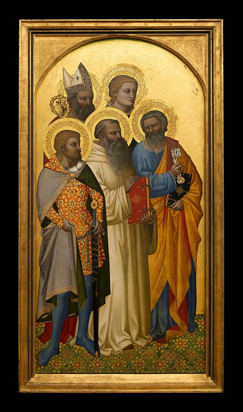 Saints Peter, Benoît, Julien (?), Étienne (?) and a saint bishop (Nicolas of Bari?). - Nardo di Cione