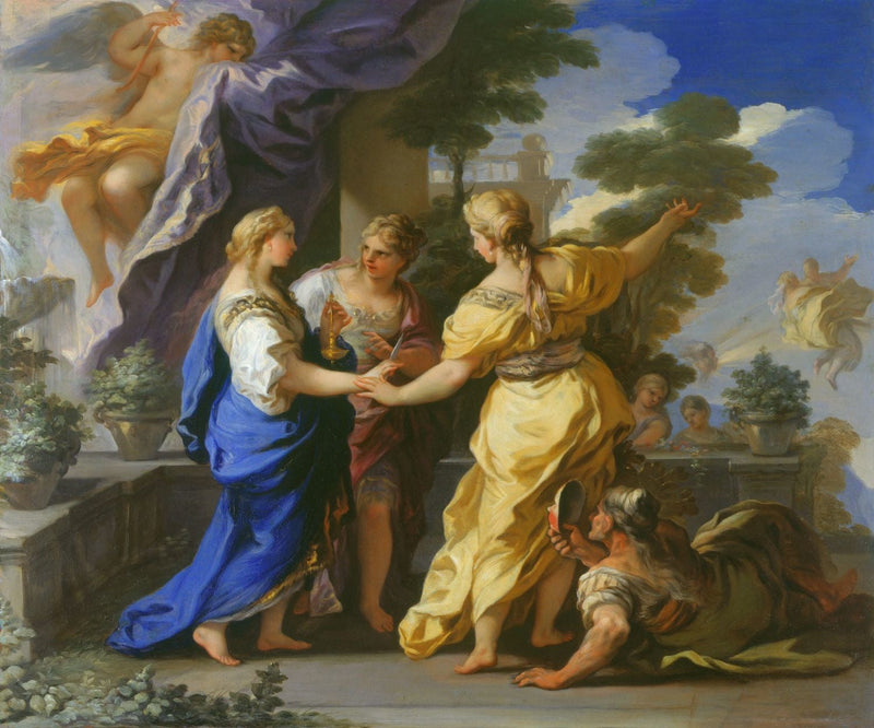 The Sisters of Psyche offer her a lamp and a dagger. - Luca Giordano