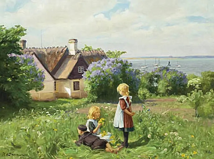 Summer at the Roskilde Fjord, children making flower crowns. - H. A. Brendekilde