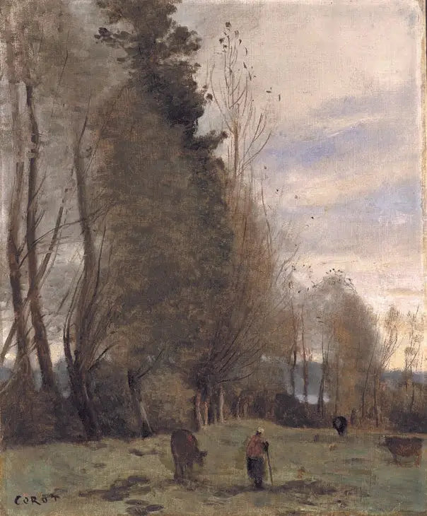 Ranch Rest Site, Peasant and Three Cows - Jean-Baptiste Camille Corot