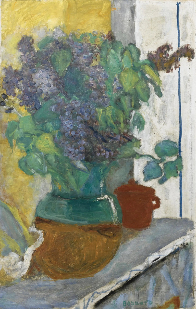 Mauve Lilac in a Yellow and Green Earthenware Vase - Pierre Bonnard