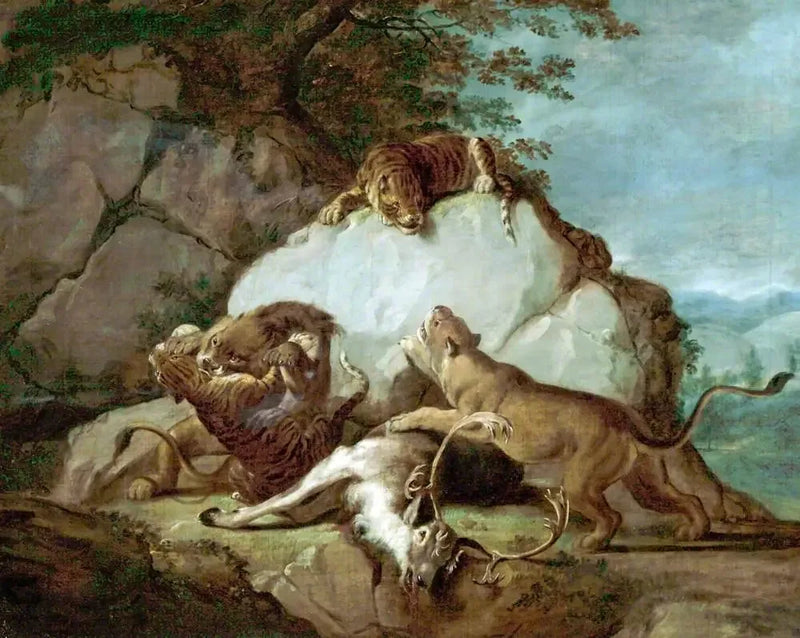 Lions and tigers fighting for a deer - George Stubbs