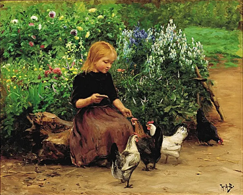 Lise feeds the chickens. - H. A. Brendekilde