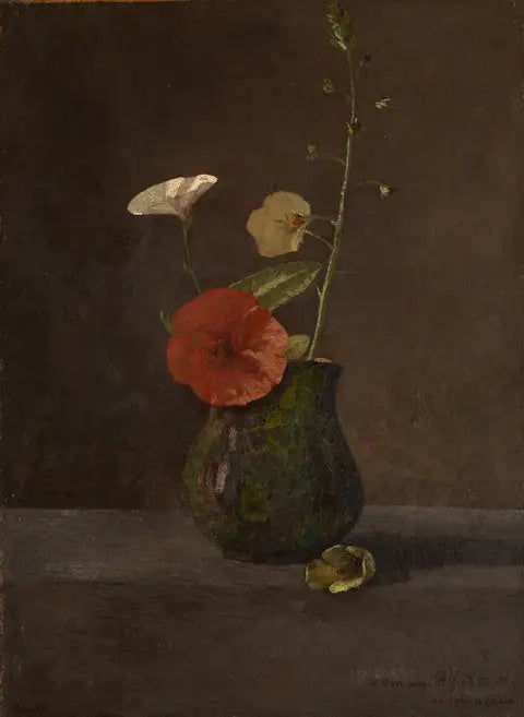 Bluebells and poppies in a small green pitcher - Odilon Redon