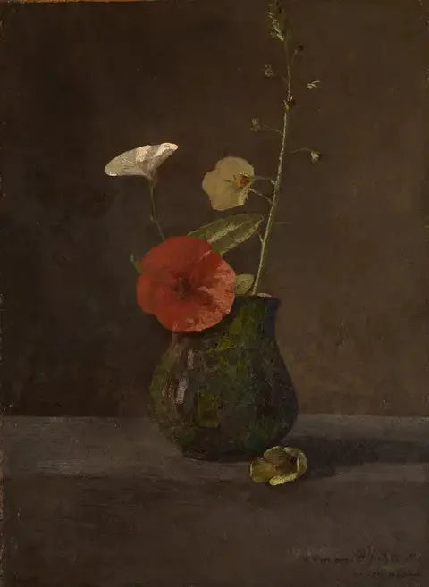 Bluebells and poppies in a small green pitcher - Odilon Redon