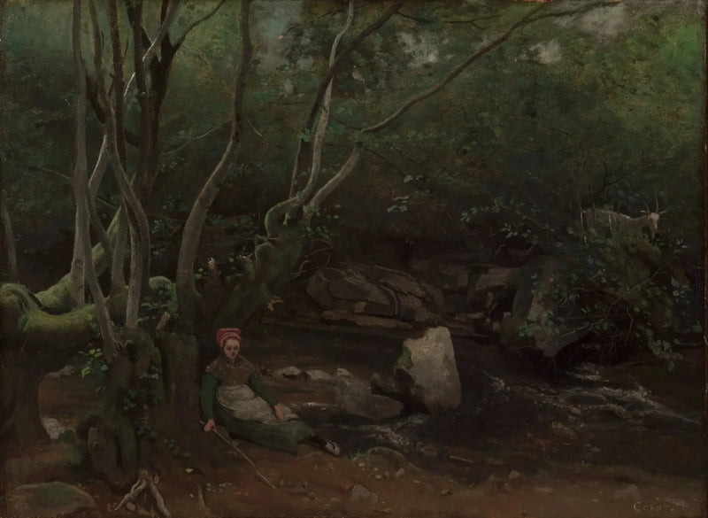 Lormes, A goat herder sitting by a stream in the woods - Jean-Baptiste Camille Corot