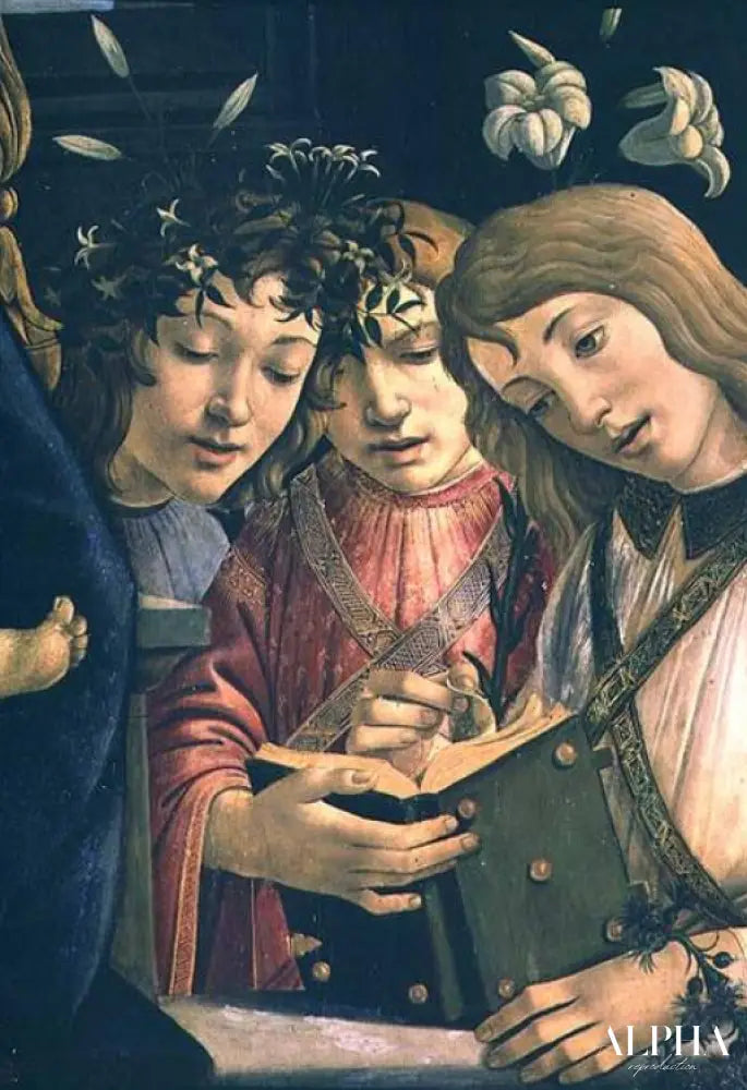 Madone et enfant avec le jeune saint Jean-Baptiste et des anges : détail montrant trois anges - Sandro Botticelli - Reproductions de tableaux et peintures haut de gamme