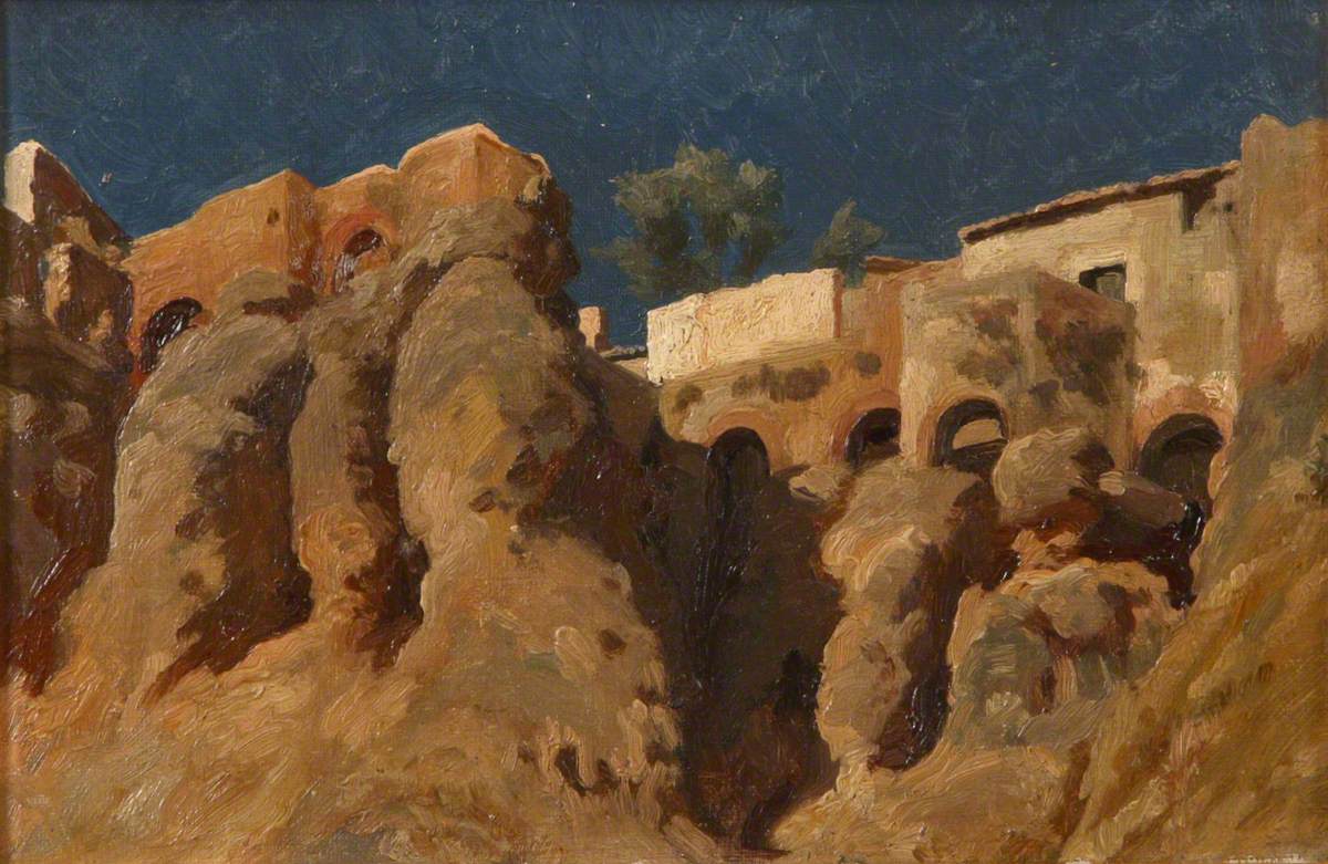 Houses on the top of a cliff in the Mediterranean (perhaps in Capri) - Frederic Leighton