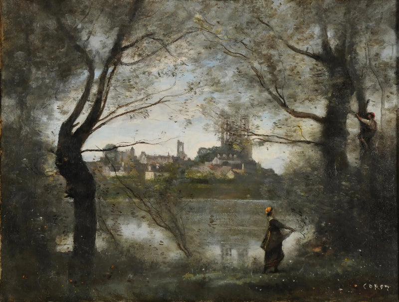 Mantes, the Cathedral and the City seen through the trees, in the evening - Jean-Baptiste Camille Corot
