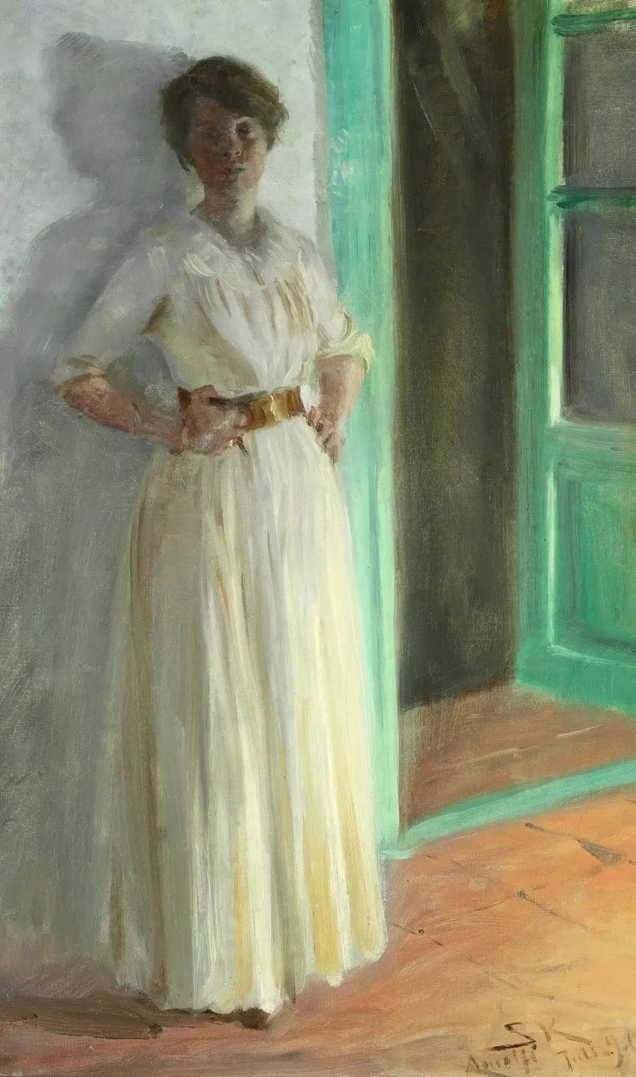 Marie Krøyer. Full-length portrait. Evening by the glow of street lamps on the terrace. - Peder Severin Krøyer