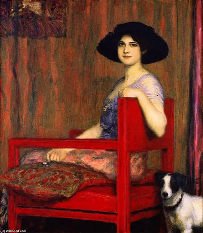 Reproduction du tableau « Marie sur une chaise rouge - Franz Von Stuck » par Alpha Reproduction en peinture à l’huile