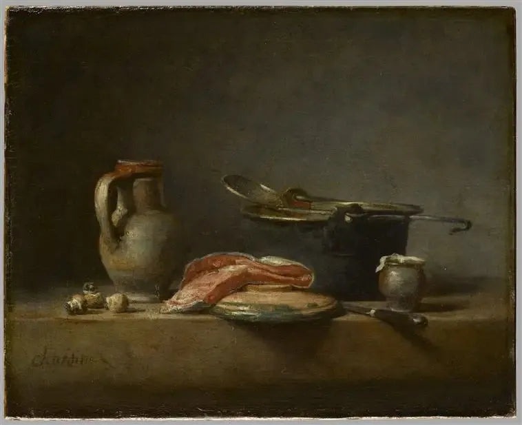 Copper pot, skimmer, jug and salmon slice - Jean Siméon Chardin