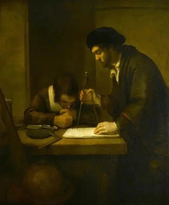 The mathematician, an erudite with divisors and a square ruler at a desk in his office assisted by a student - Rembrandt