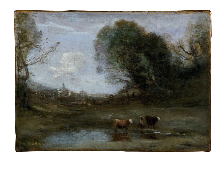 Morning: Landscape with Two Cows and a Silhouette - Jean-Baptiste Camille Corot