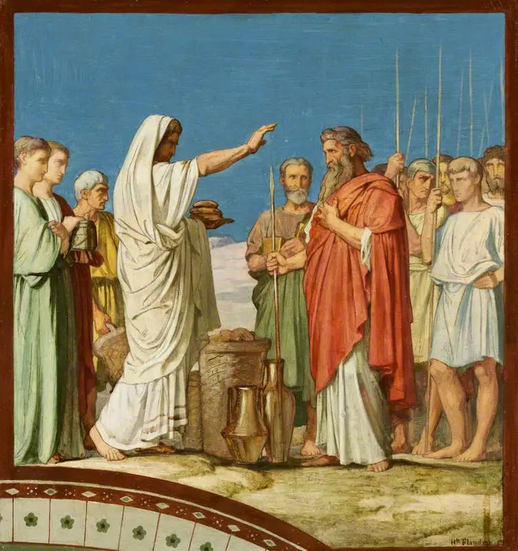 Melchisédech offering bread and wine, blessing Abraham: Model for the fresco of the left nave of Saint-Germain-des-Prés, Paris, 1859 (Melchisédech blessing Abraham and offering bread and wine) - Hippolyte Flandrin