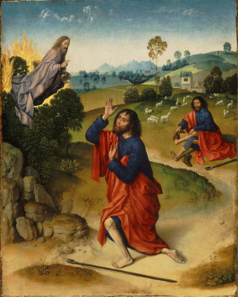 Moses and the Burning Bush, with Moses removing his shoes - Dirk Bouts