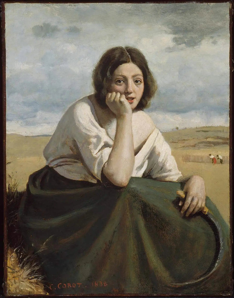 Harvesting machine holding its sickle, head resting on hand - Jean-Baptiste Camille Corot