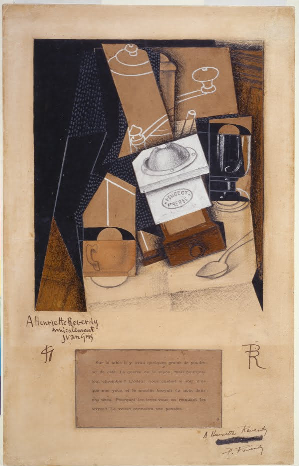 Coffee grinder, cup and glass on a table - Juan Gris