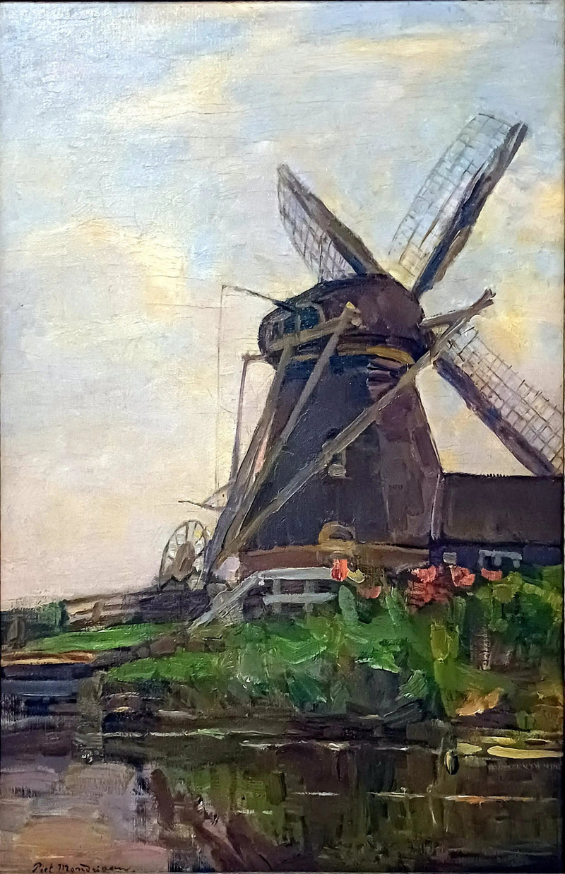 Oostzijdse Mill, vertical oil sketch with blue sky - Piet Mondrian