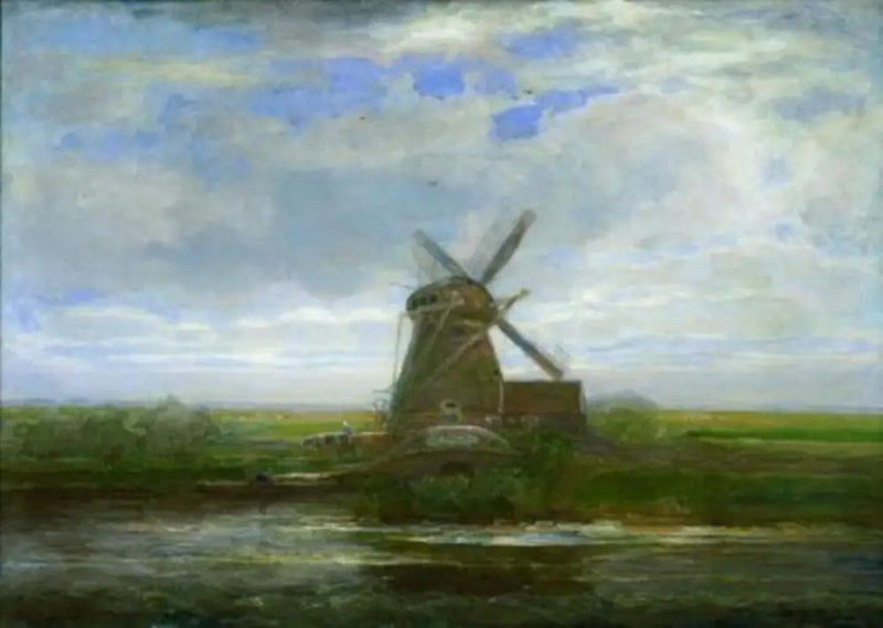 Oostzijdse Mill with panoramic sunset, mill in the center - Piet Mondrian
