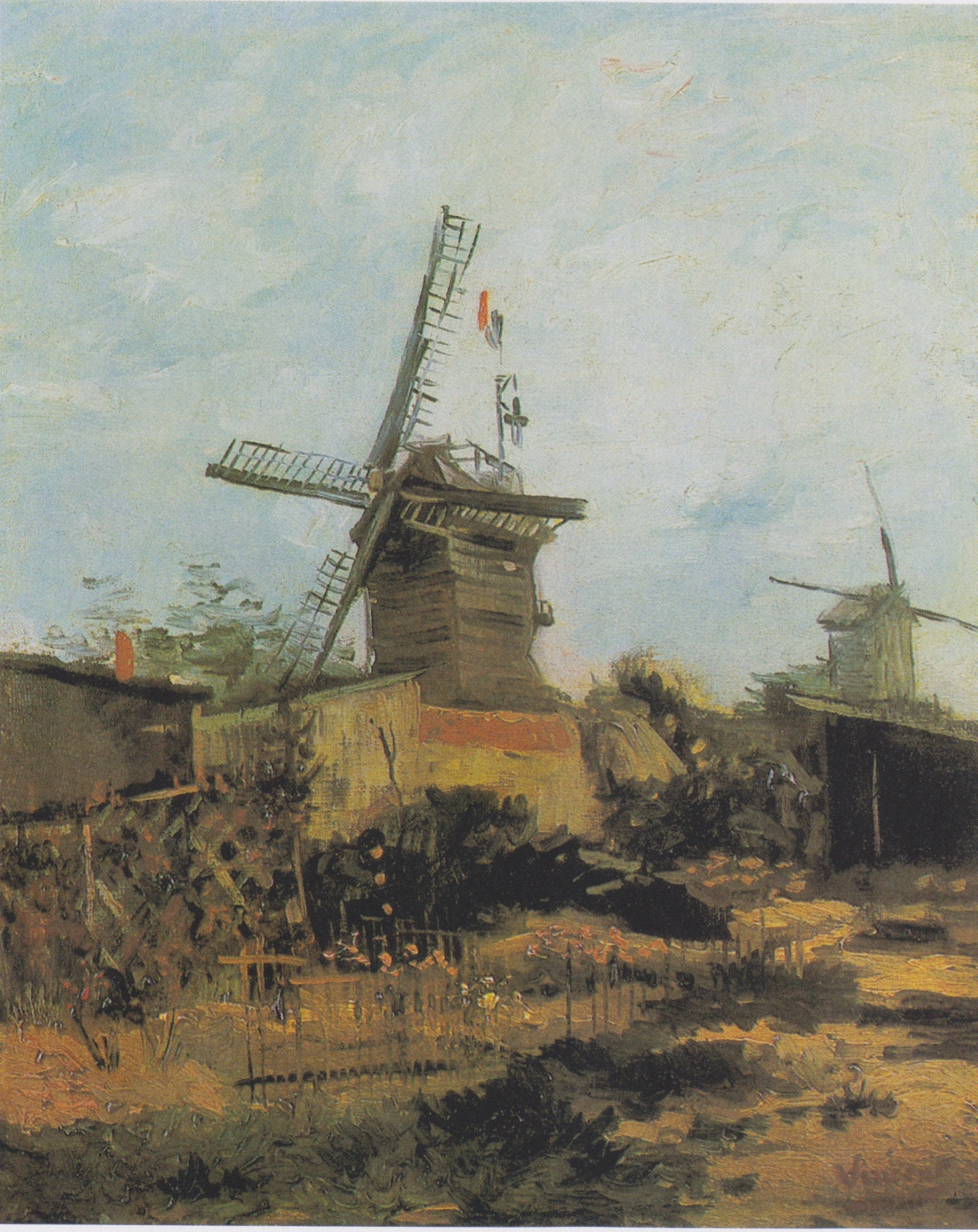 Moulins à vent de Montmartre F273 — Blute-Fin vu en contre-plongée avec jardins et promeneurs par Vincent van Gogh