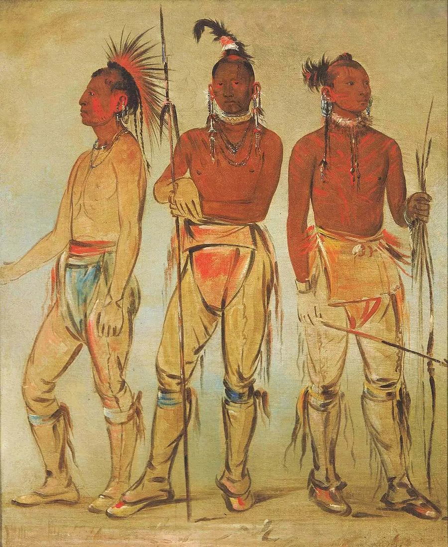 Mun-ne-pús-kee, The Fearless One; Ko-ha-túnk-a, Grand Crow; and Nah-cóm-ee-shee, The Man of the Bed, Three Young Warriors - George Catlin