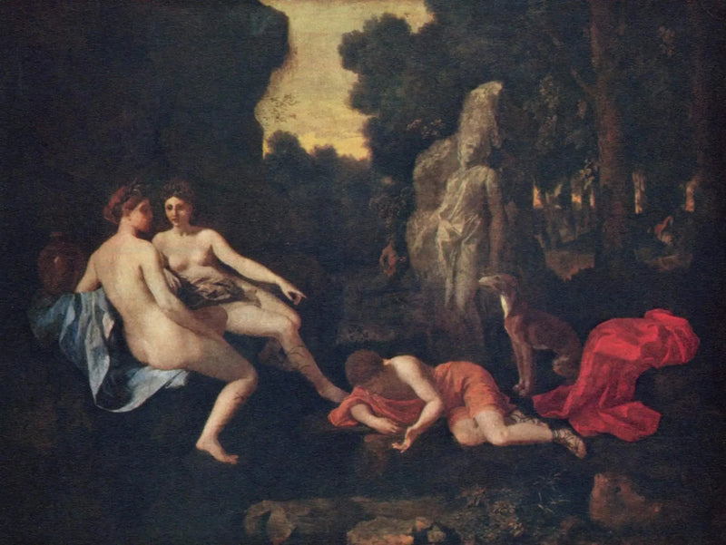 Narcisse with Two Nymphs and Echo - Nicolas Poussin