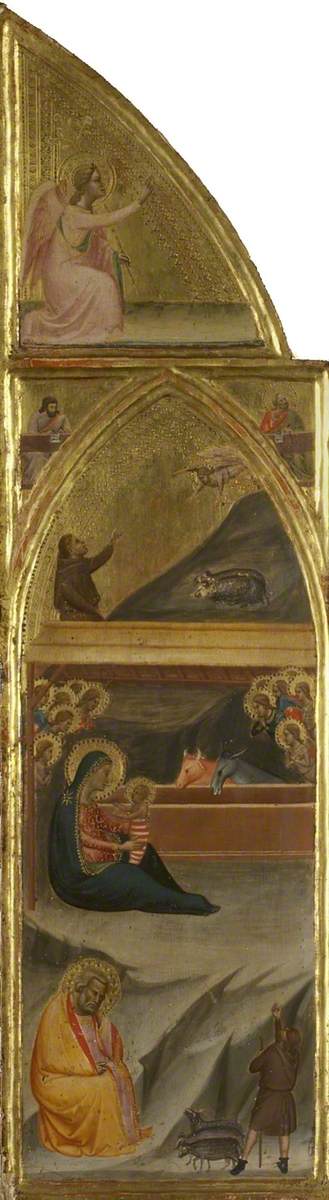 Nativity, and two evangelists, and the angel of the Annunciation (triptych, left panel) (recto) - Bernardo Daddi