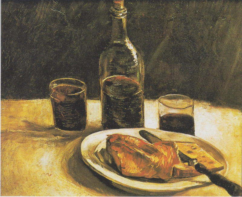 Still Life with Bottle, Two Glasses, Cheese, and Bread - Vincent van Gogh